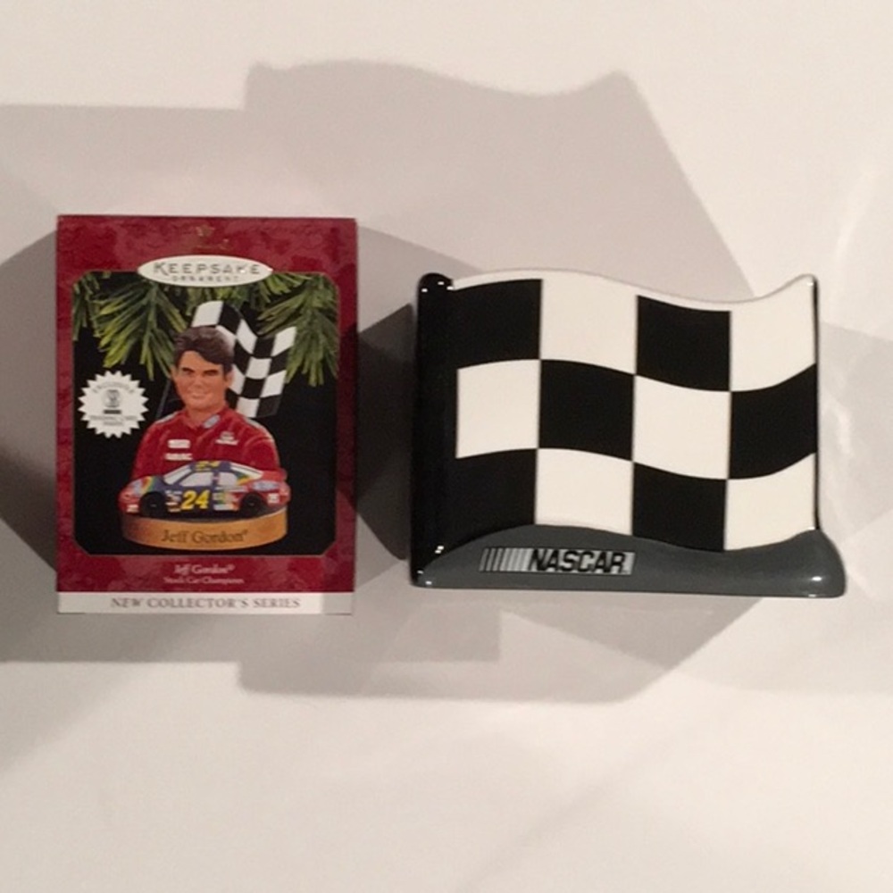 Hallmark Jeff Gordon 1997 Ornament with “Flag” Ceramic Canister with “NASCAR”